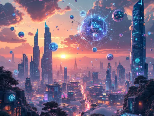 Cidade futurista com arranha-céus e esfera luminescente no céu ao pôr do sol.