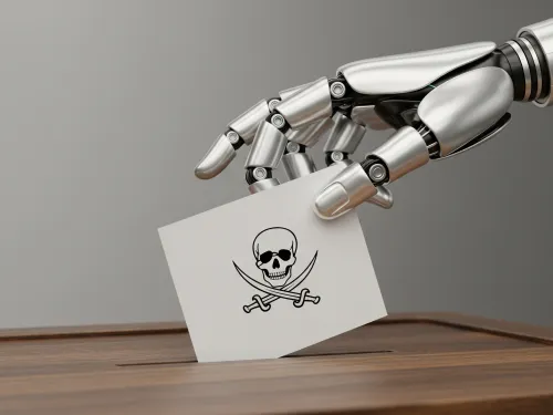 Robô inserindo cartão com caveira em caixa de madeira.