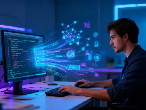 Homem programando, interface digital com &iacute;cones coloridos. Ambiente iluminado por luzes neon.